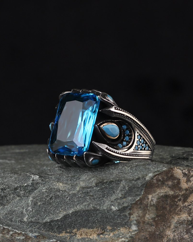 Aqua Aura Stein Herrenring 925 Sterling Silber