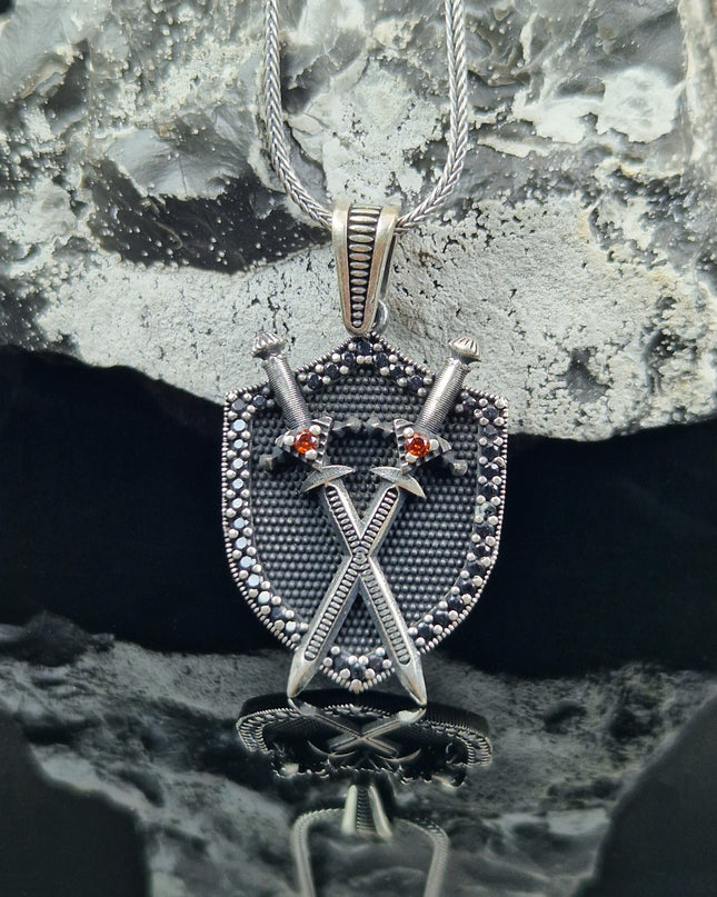 Doppelschwert Schild Halskette 925 Sterling Silber mit Zirkon