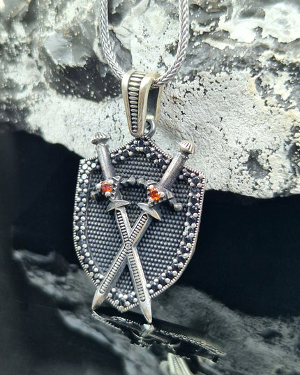 Doppelschwert Schild Halskette 925 Sterling Silber mit Zirkon