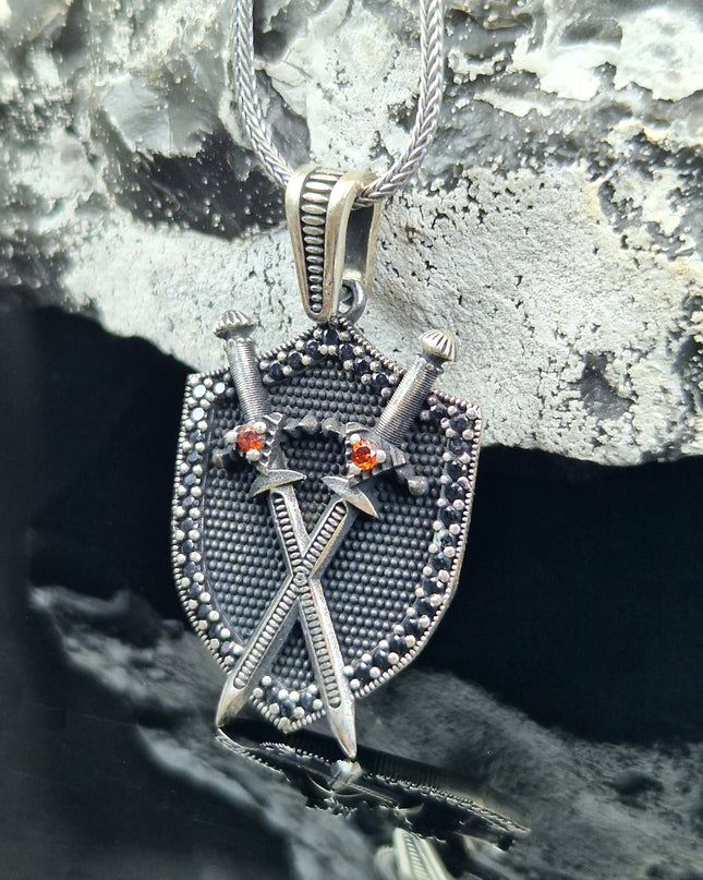 Doppelschwert Schild Halskette 925 Sterling Silber mit Zirkon