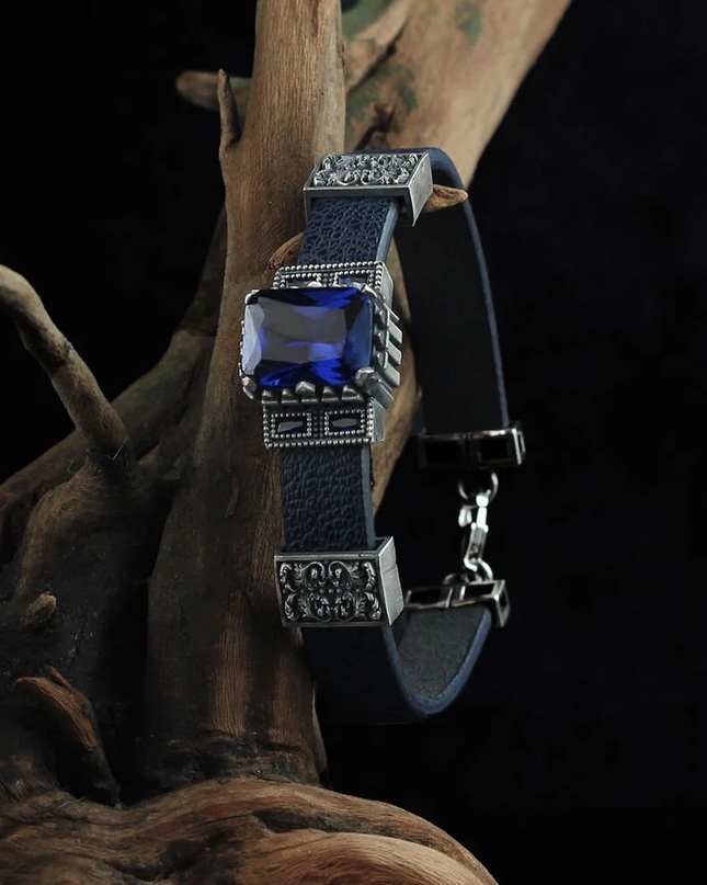 Aquamarin Leder Silber Armband