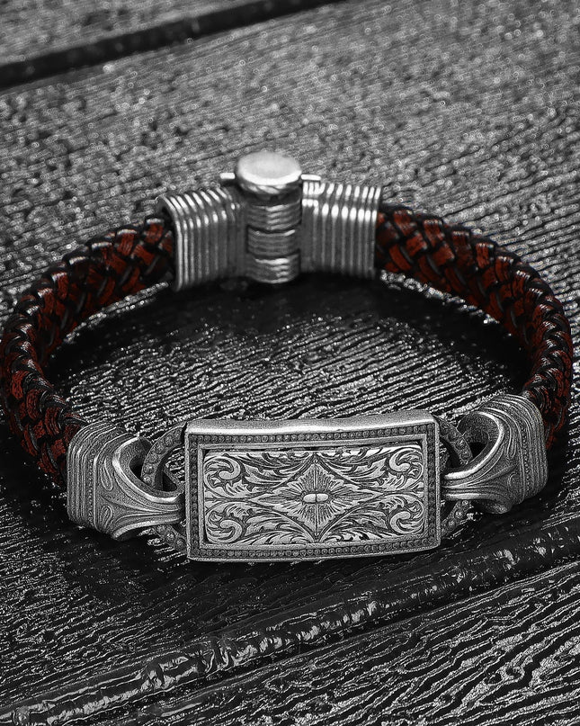 Lederarmband aus 925er Sterlingsilber mit Stiftgravur für Herren