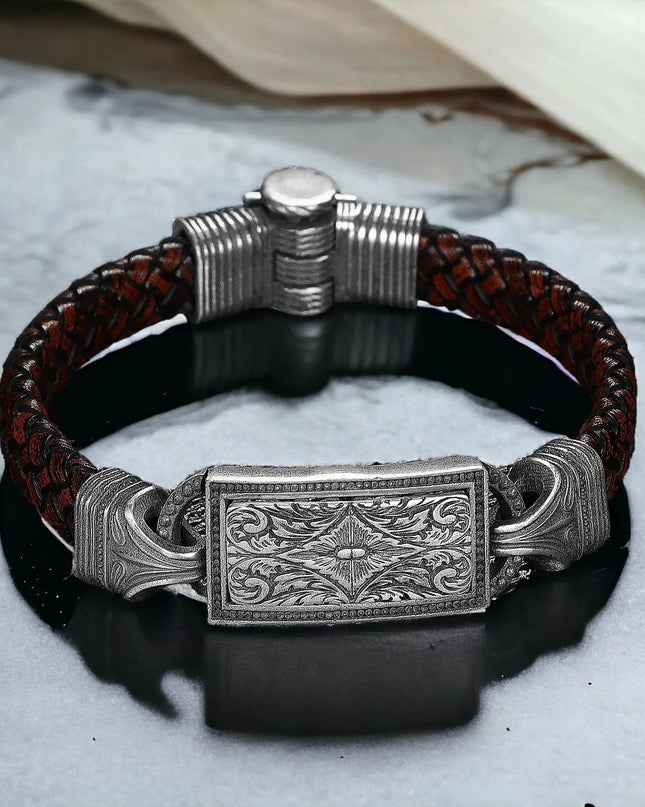 Lederarmband aus 925er Sterlingsilber mit Stiftgravur für Herren